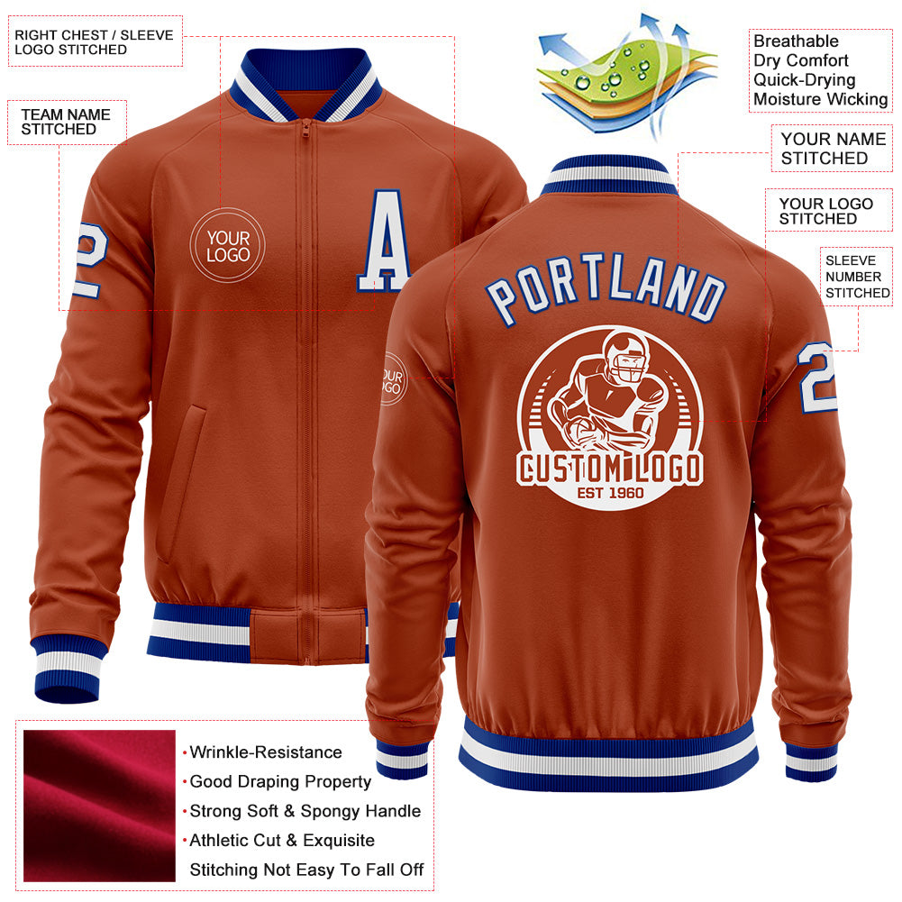 Custom Texas Orange White-Royal Bomber Varsity Letterman Zipper Jacket view 4