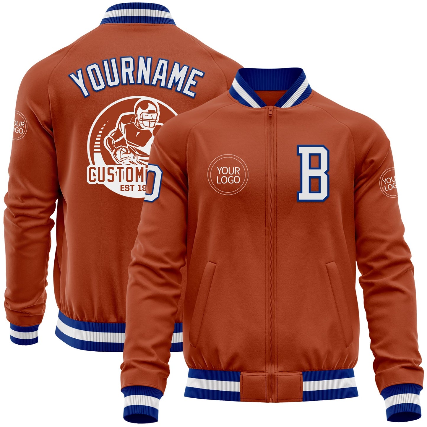 Custom Texas Orange White-Royal Bomber Varsity Letterman Zipper Jacket - Main View