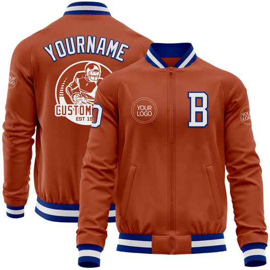 Custom Texas Orange White-Royal Bomber Varsity Letterman Zipper Jacket - Main View