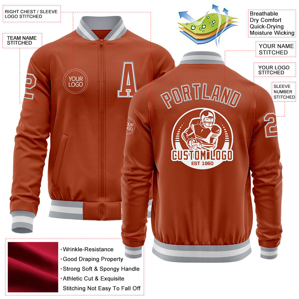 Custom Texas Orange White-Gray Bomber Varsity Letterman Zipper Jacket view 4