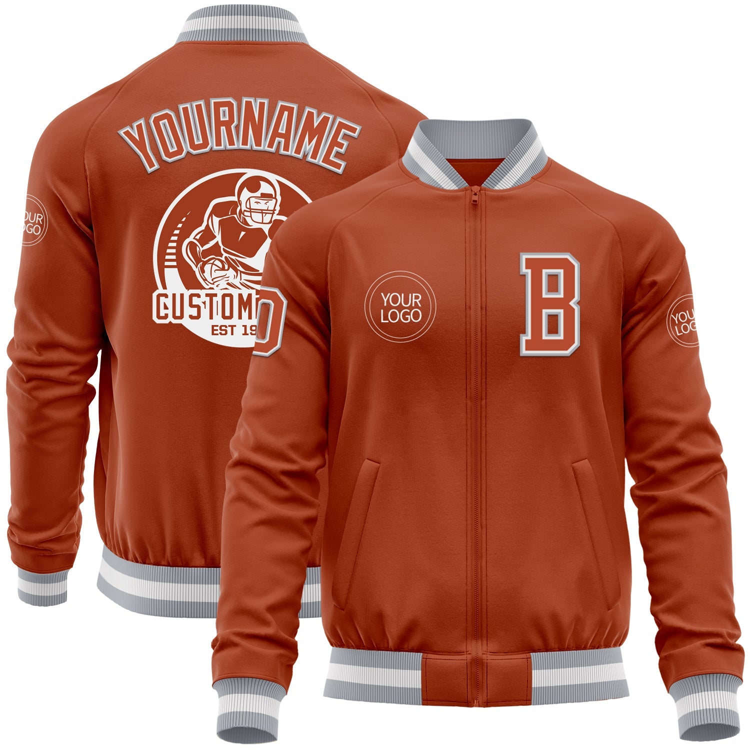 Custom Texas Orange White-Gray Bomber Varsity Letterman Zipper Jacket - Main View