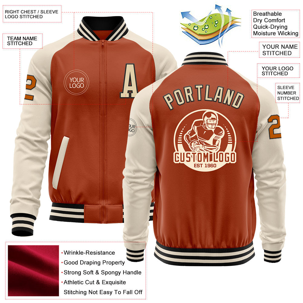 Custom Texas Orange Black-Cream Bomber Varsity Letterman Two Tone Zipper Jacket view 4
