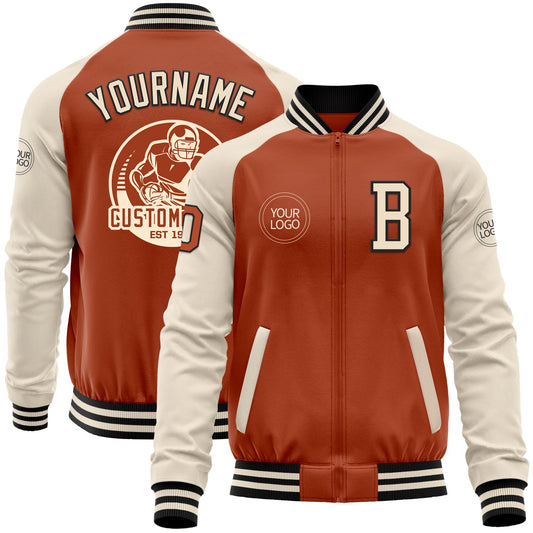 Custom Texas Orange Black-Cream Bomber Varsity Letterman Two Tone Zipper Jacket - Main View