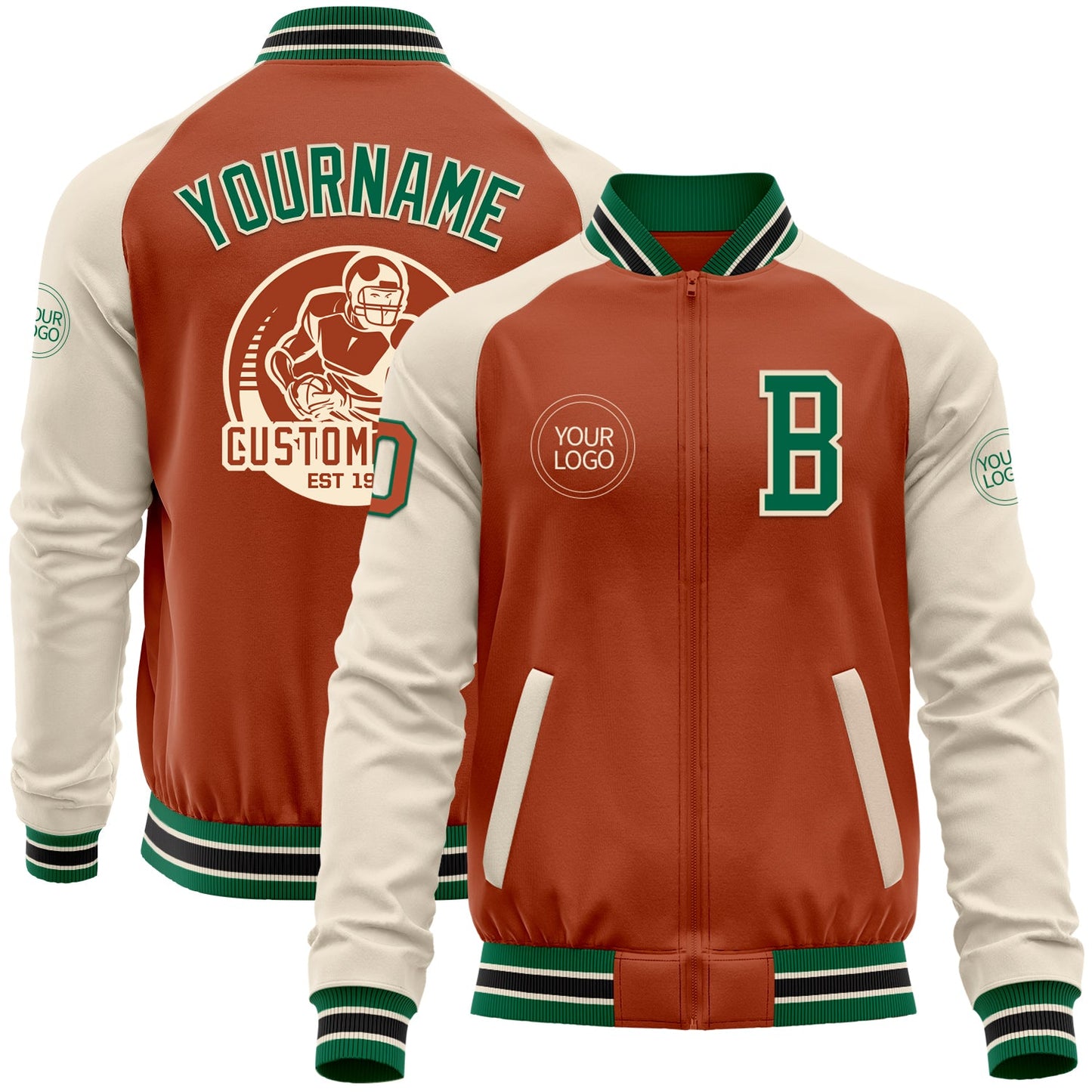Custom Texas Orange Kelly Green Cream-Black Bomber Varsity Letterman Two Tone Zipper Jacket - Main View