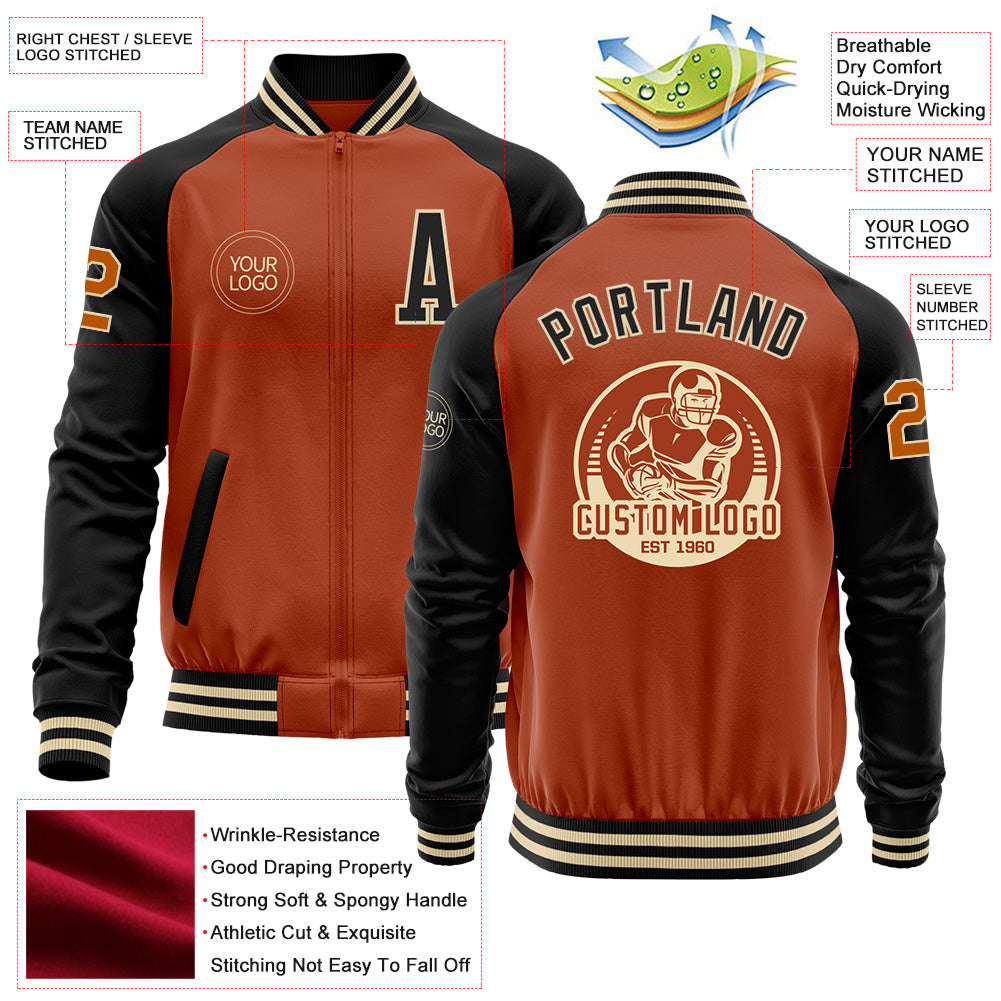 Custom Texas Orange Cream-Black Bomber Varsity Letterman Two Tone Zipper Jacket view 4