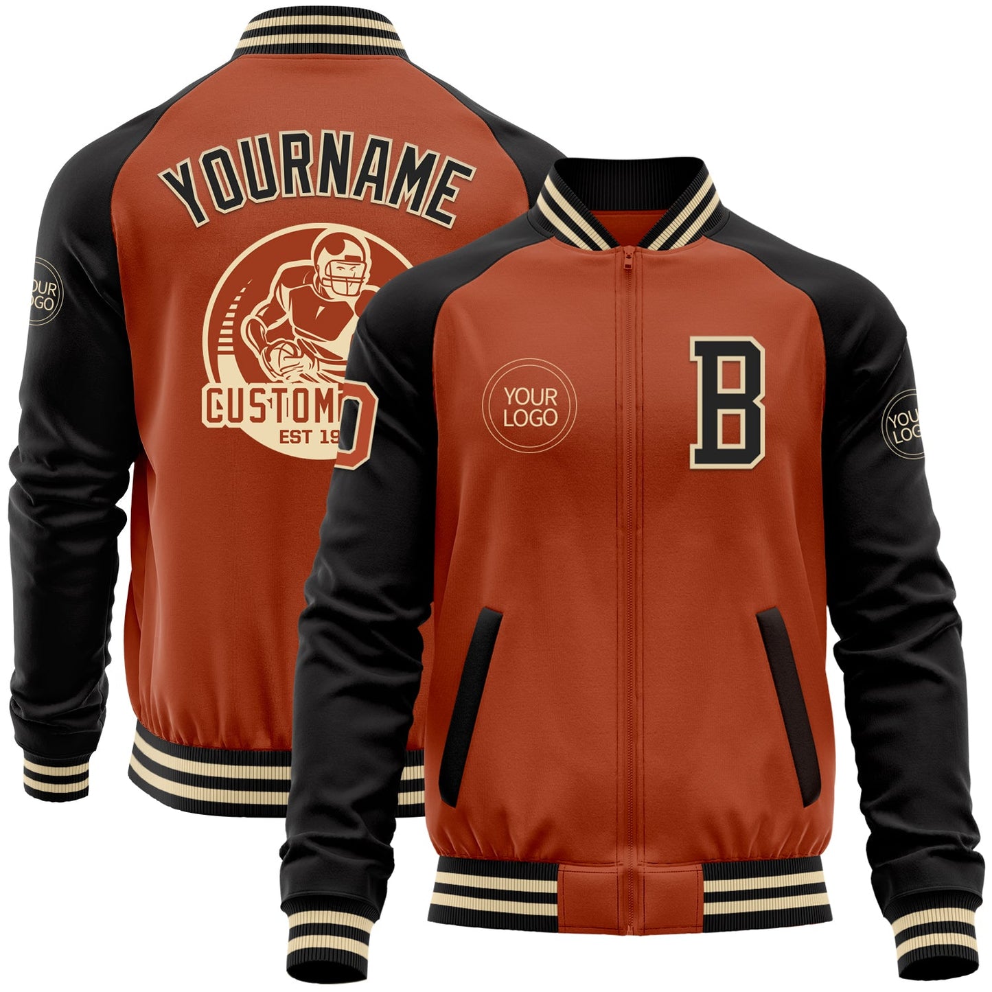 Custom Texas Orange Cream-Black Bomber Varsity Letterman Two Tone Zipper Jacket - Main View