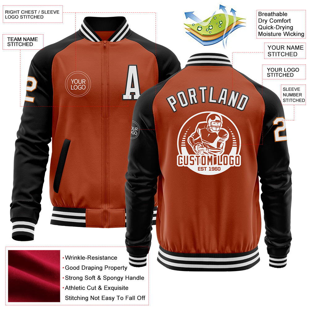Custom Texas Orange White-Black Bomber Varsity Letterman Two Tone Zipper Jacket view 4