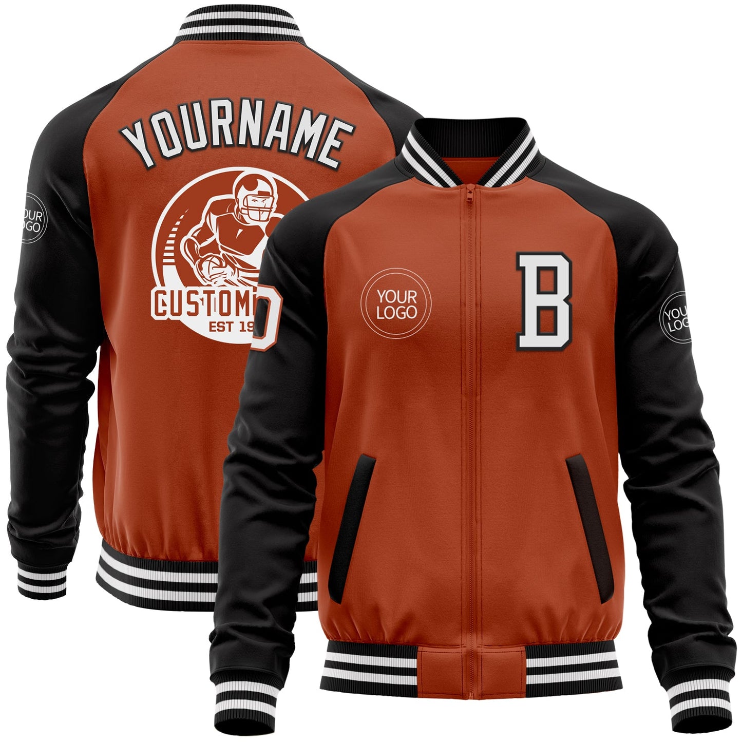 Custom Texas Orange White-Black Bomber Varsity Letterman Two Tone Zipper Jacket - Main View