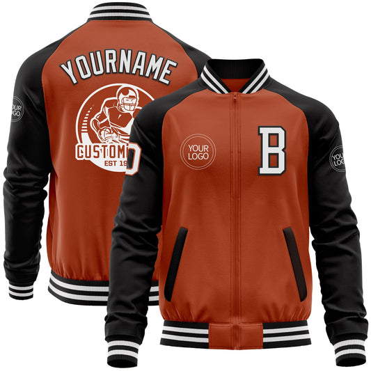 Custom Texas Orange White-Black Bomber Varsity Letterman Two Tone Zipper Jacket - Main View