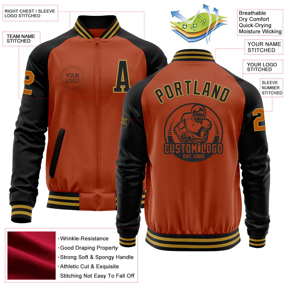 Custom Texas Orange Old Gold-Black Bomber Varsity Letterman Two Tone Zipper Jacket view 4
