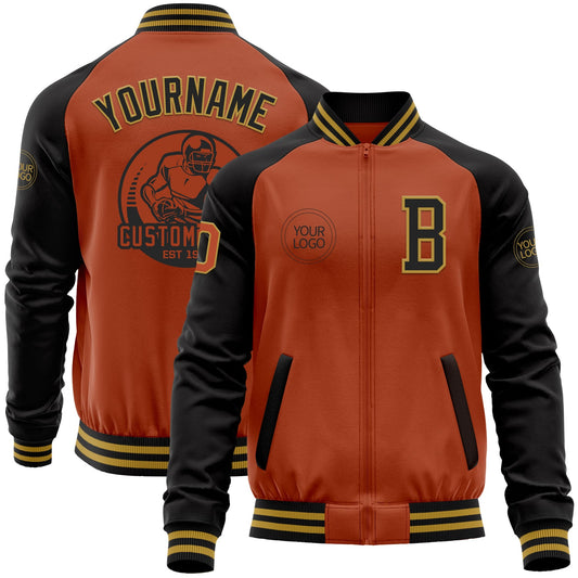 Custom Texas Orange Old Gold-Black Bomber Varsity Letterman Two Tone Zipper Jacket - Main View