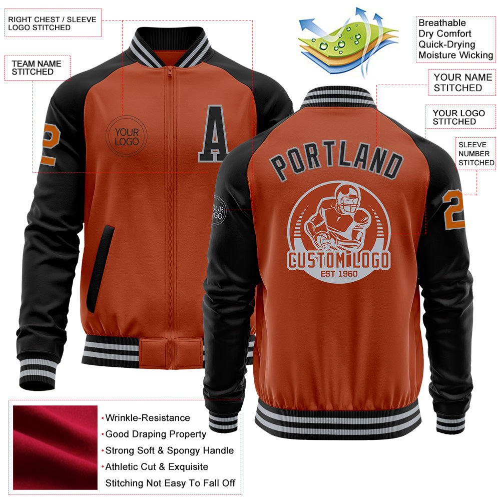 Custom Texas Orange Gray-Black Bomber Varsity Letterman Two Tone Zipper Jacket view 4