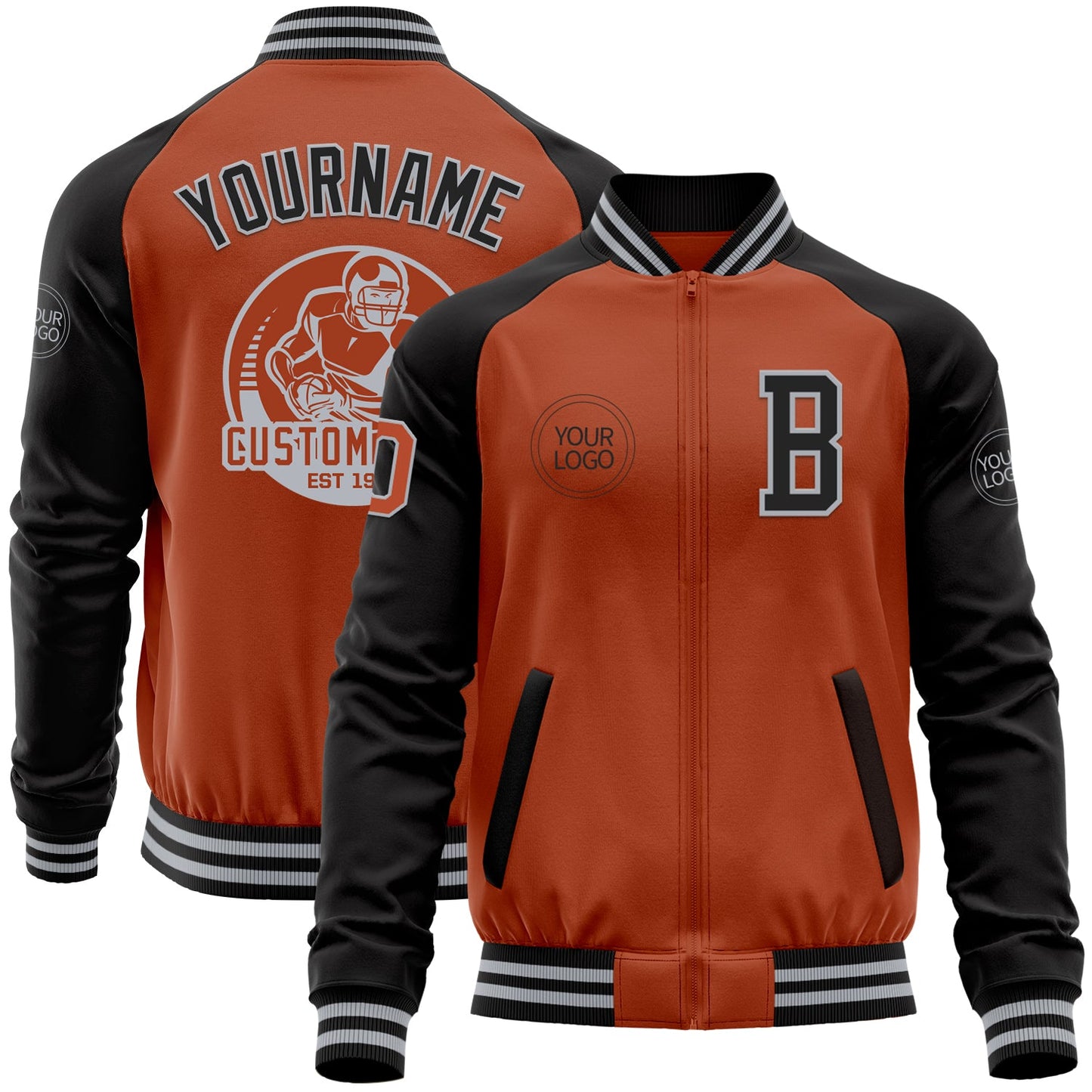 Custom Texas Orange Gray-Black Bomber Varsity Letterman Two Tone Zipper Jacket - Main View