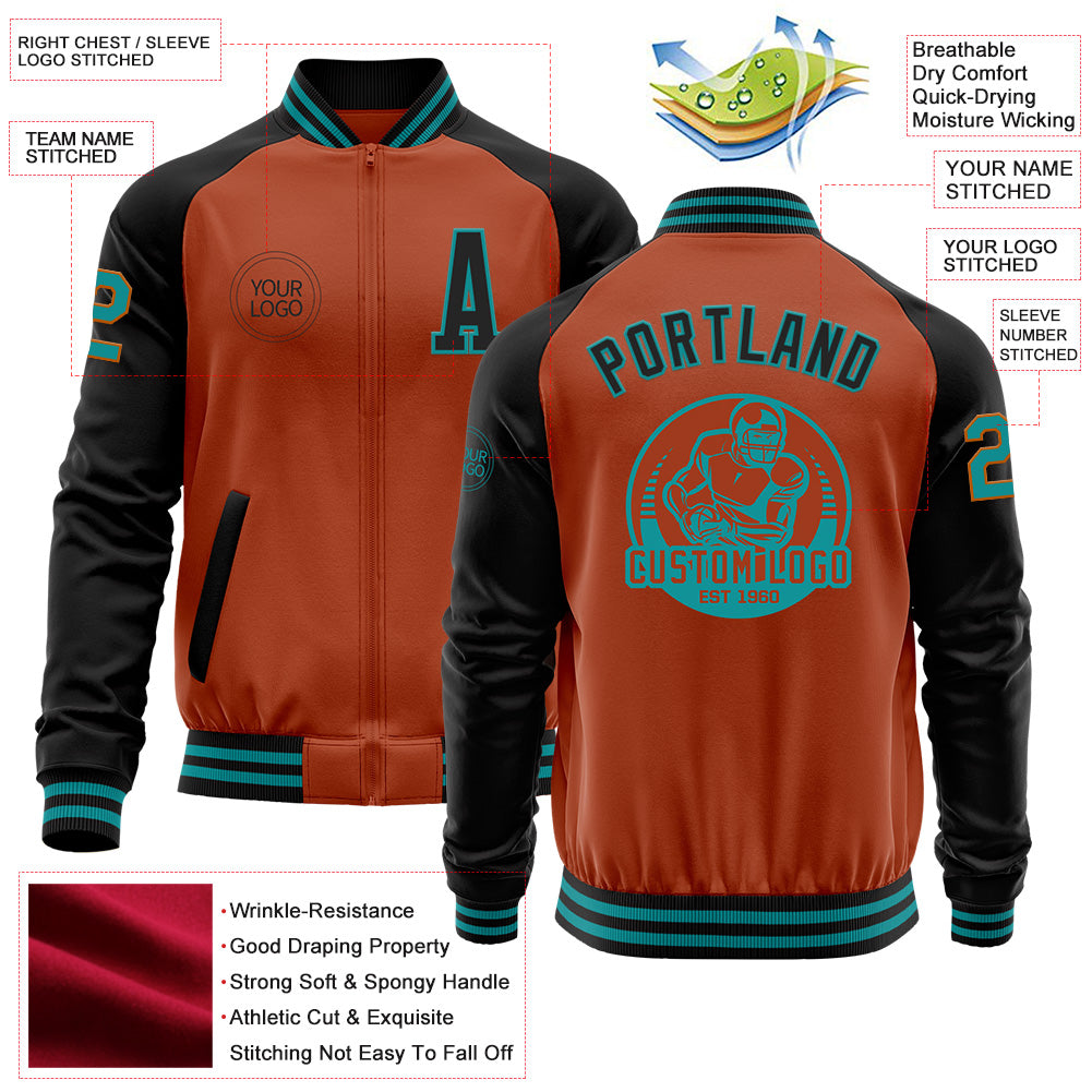 Custom Texas Orange Teal-Black Bomber Varsity Letterman Two Tone Zipper Jacket view 4