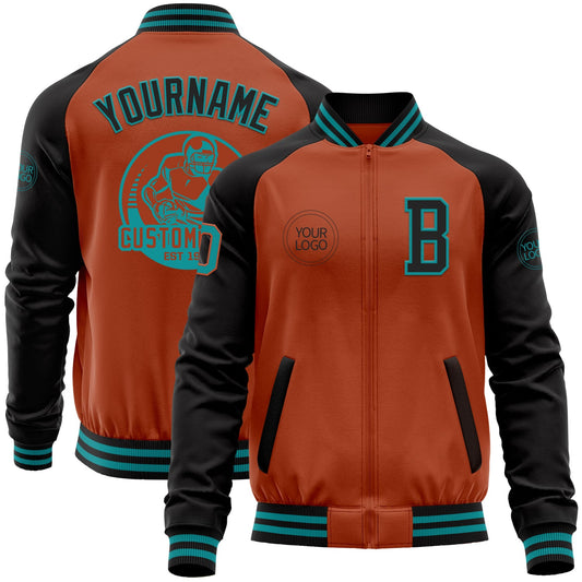 Custom Texas Orange Teal-Black Bomber Varsity Letterman Two Tone Zipper Jacket - Main View