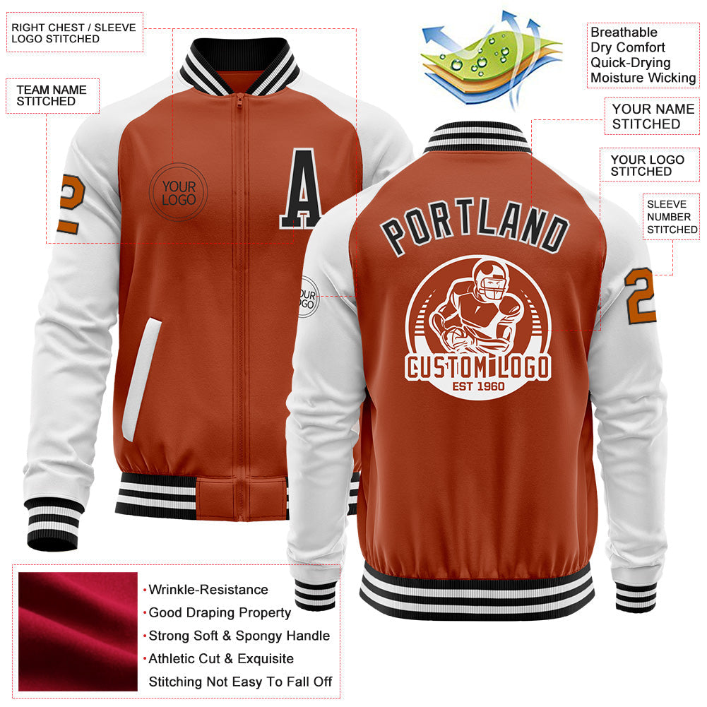 Custom Texas Orange Black-White Bomber Varsity Letterman Two Tone Zipper Jacket view 4