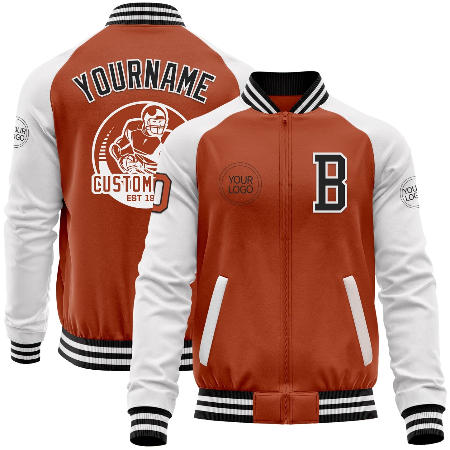 Custom Texas Orange Black-White Bomber Varsity Letterman Two Tone Zipper Jacket - Main View