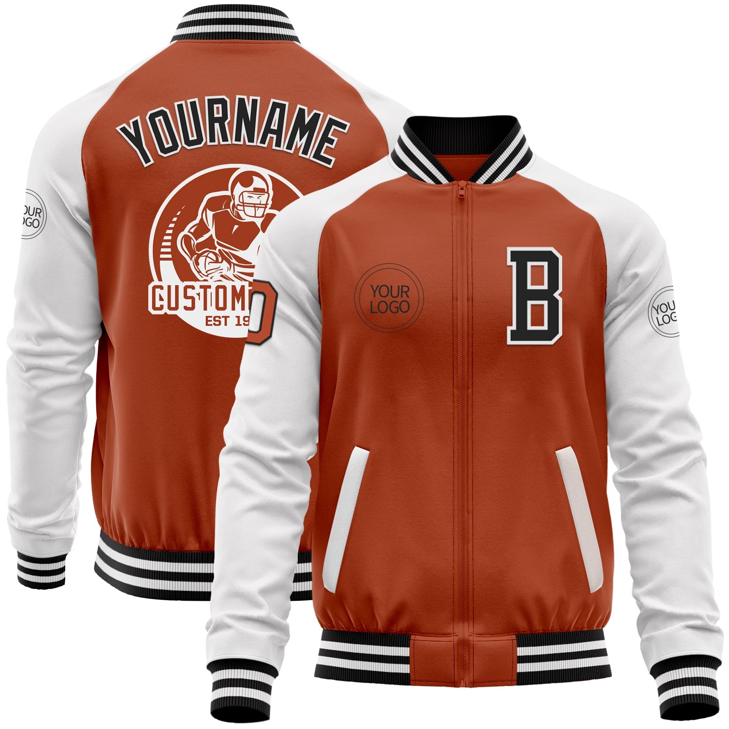Custom Texas Orange Black-White Bomber Varsity Letterman Two Tone Zipper Jacket - Main View