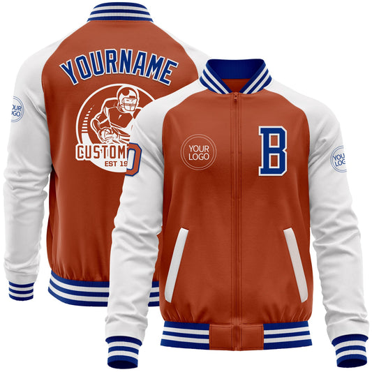 Custom Texas Orange Royal-White Bomber Varsity Letterman Two Tone Zipper Jacket - Main View