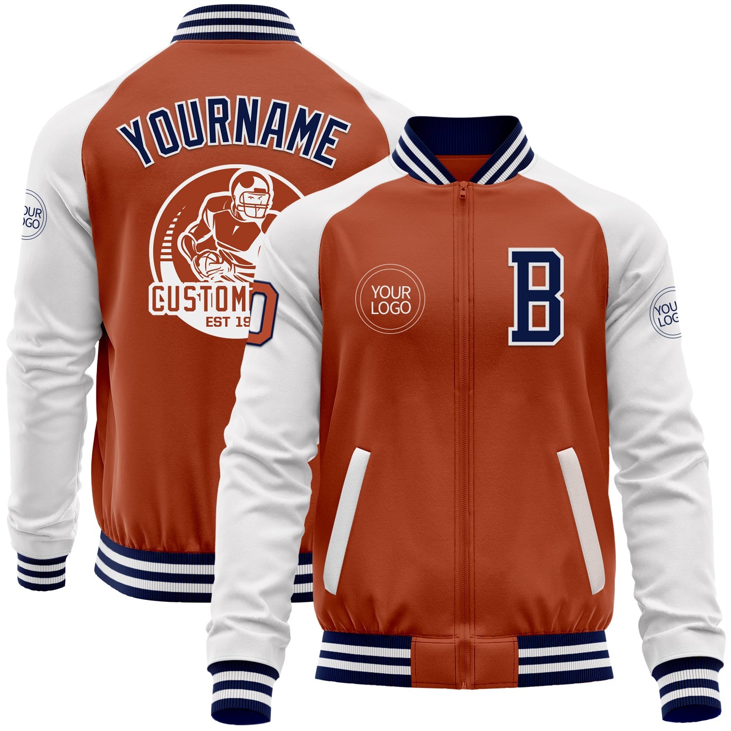 Custom Texas Orange Navy-White Bomber Varsity Letterman Two Tone Zipper Jacket - Main View