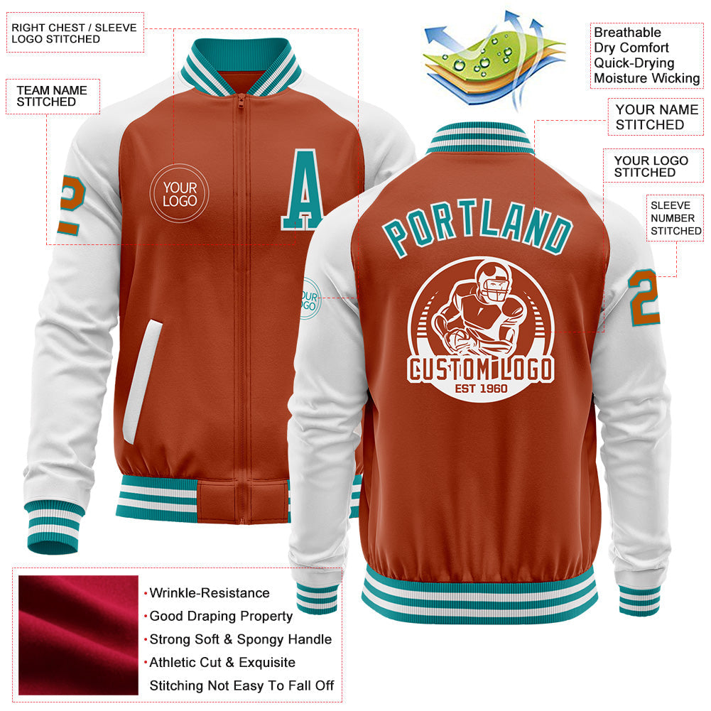 Custom Texas Orange Teal-White Bomber Varsity Letterman Two Tone Zipper Jacket view 4