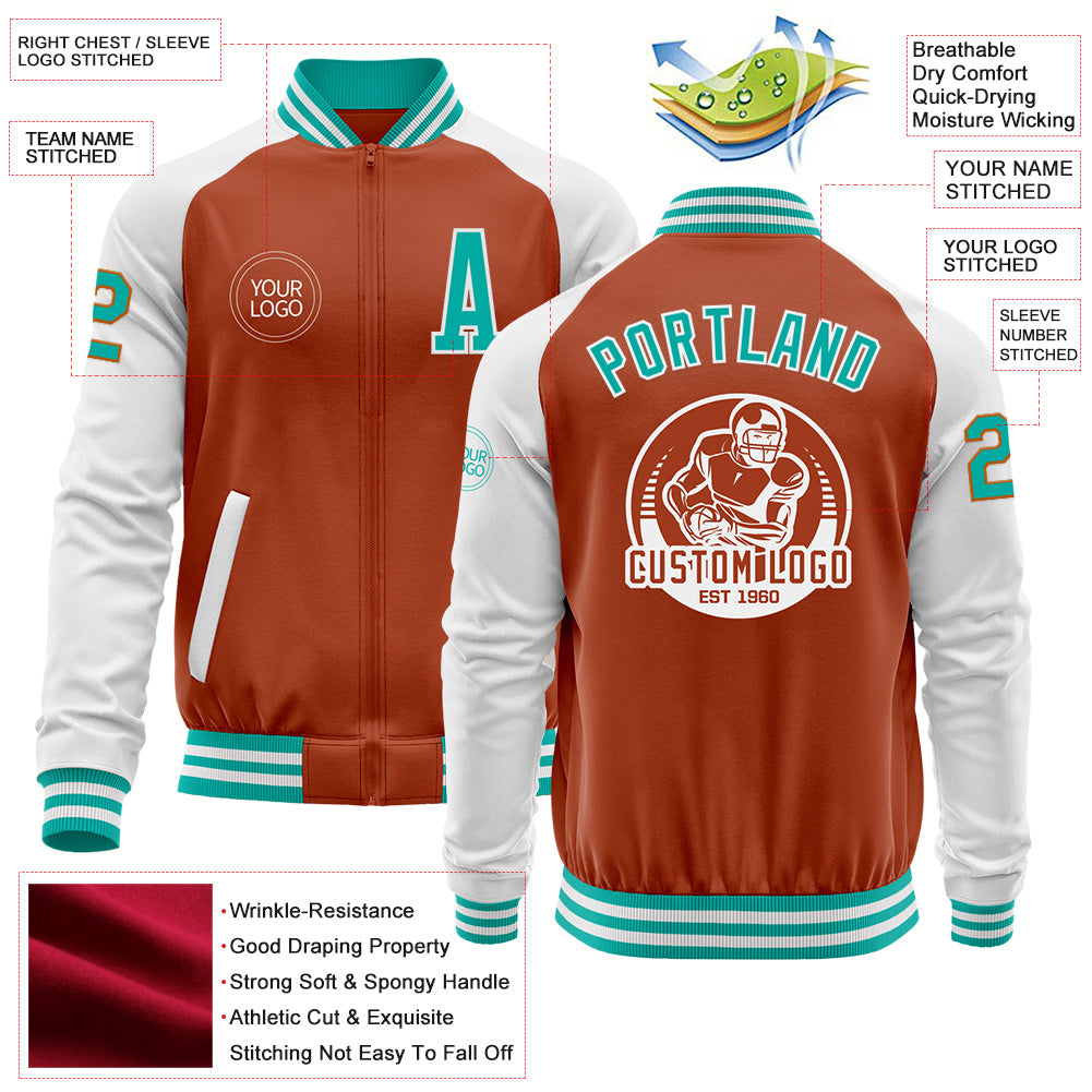 Custom Texas Orange Aqua-White Bomber Varsity Letterman Two Tone Zipper Jacket view 4