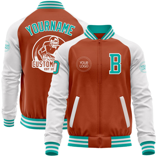 Custom Texas Orange Aqua-White Bomber Varsity Letterman Two Tone Zipper Jacket - Main View