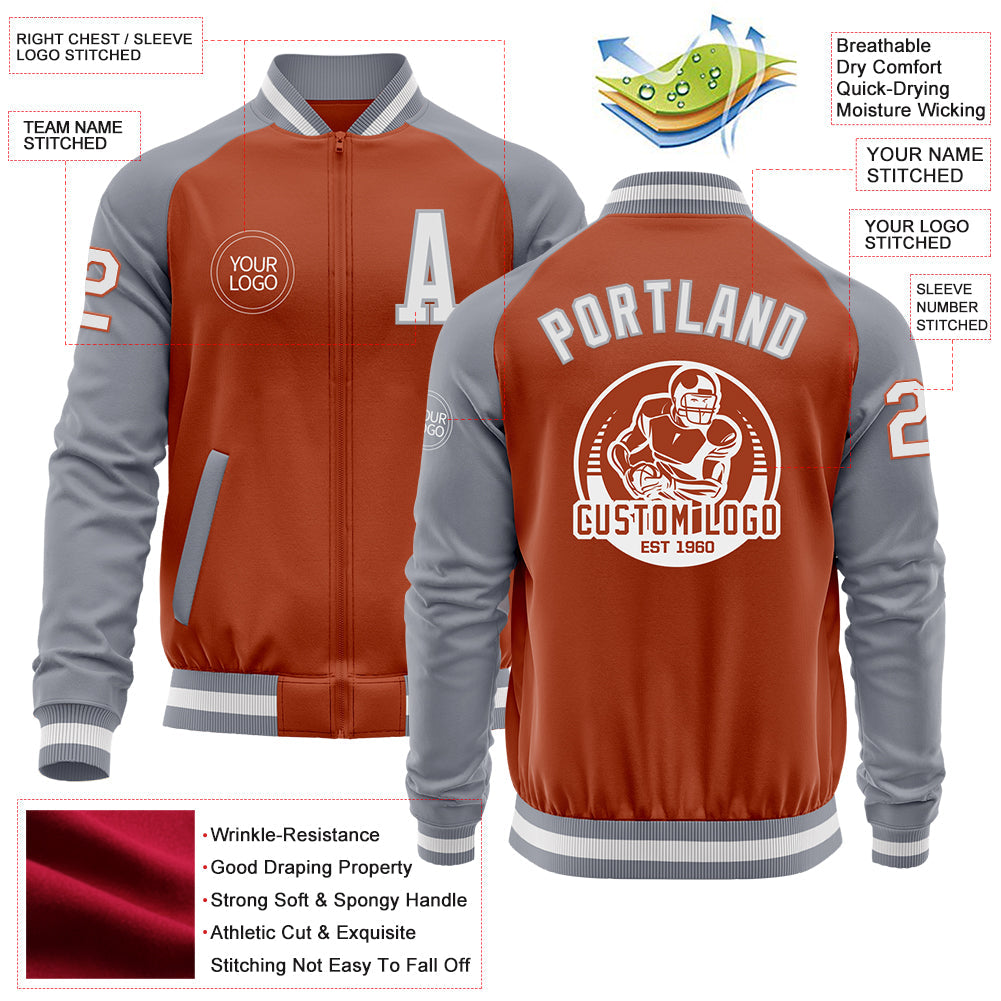 Custom Texas Orange White-Gray Bomber Varsity Letterman Two Tone Zipper Jacket view 4