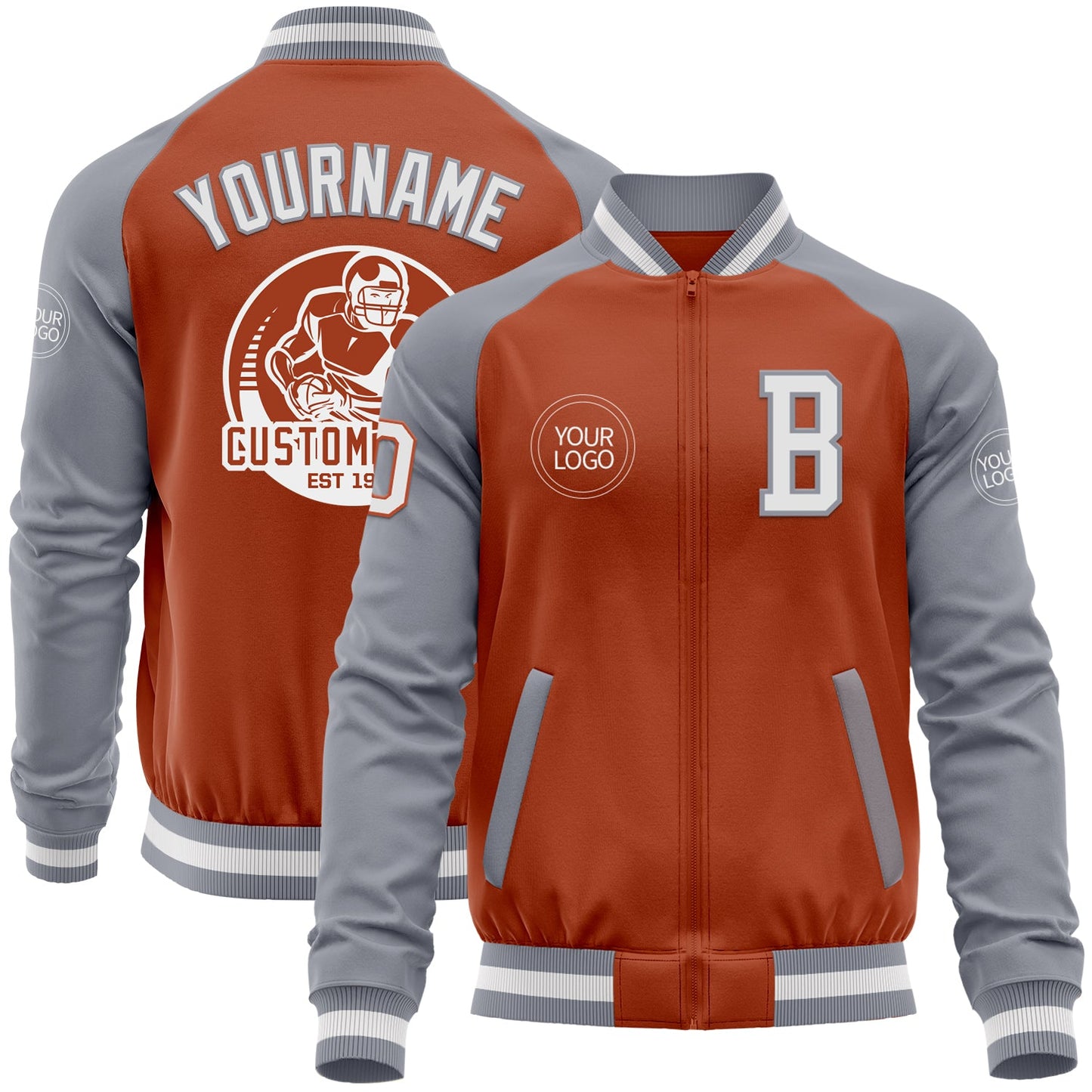 Custom Texas Orange White-Gray Bomber Varsity Letterman Two Tone Zipper Jacket - Main View