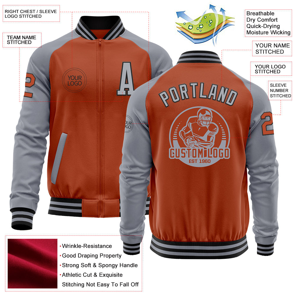 Custom Texas Orange Black-Gray Bomber Varsity Letterman Two Tone Zipper Jacket view 4