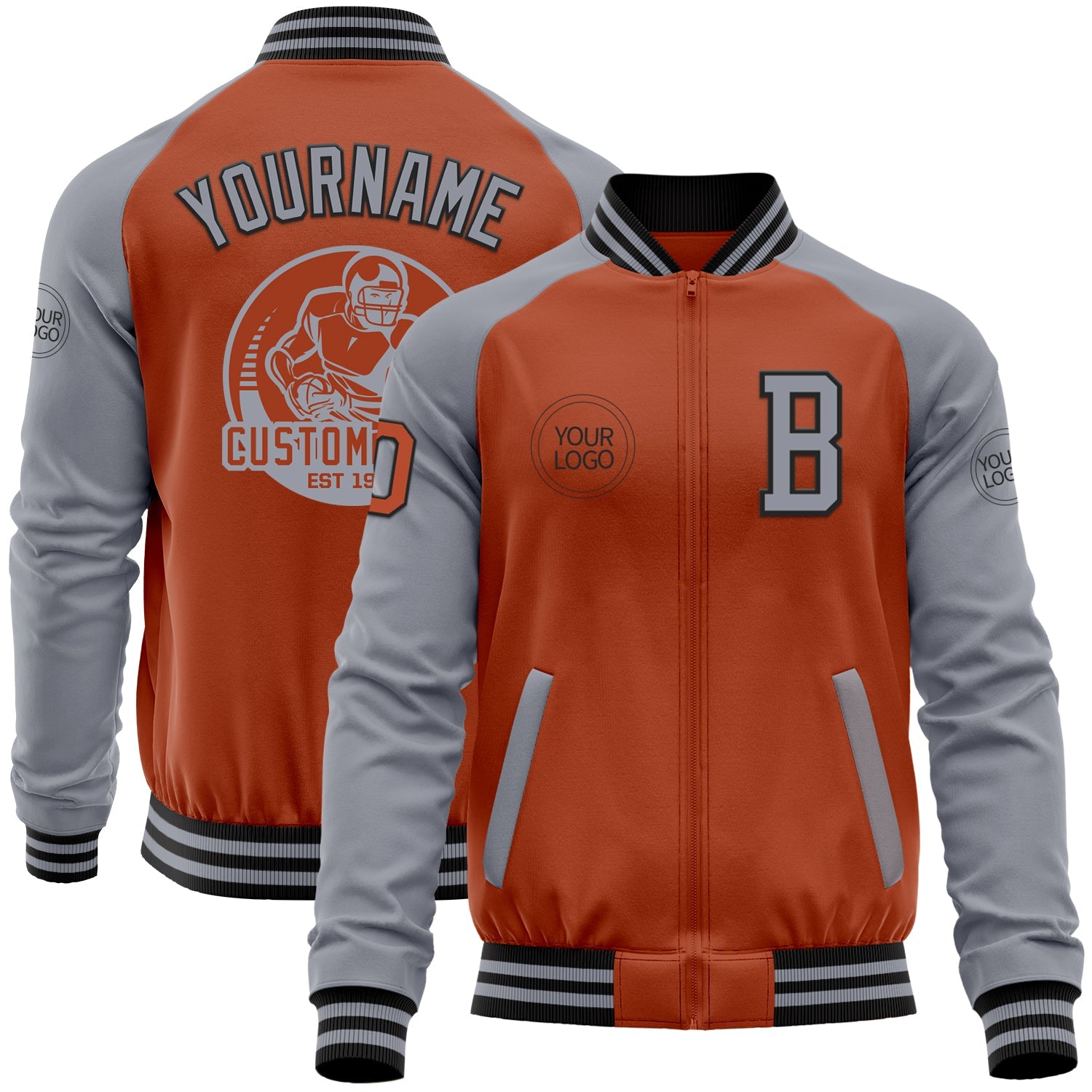 Custom Texas Orange Black-Gray Bomber Varsity Letterman Two Tone Zipper Jacket - Main View