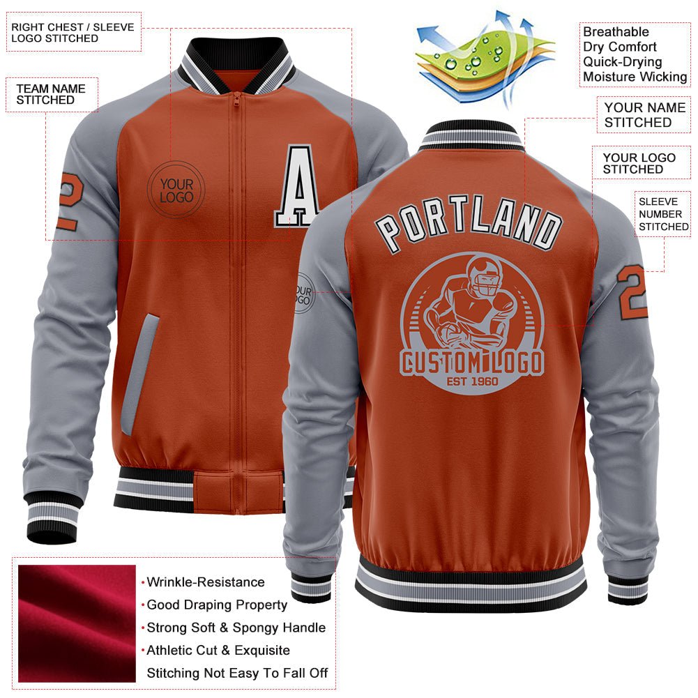 Custom Texas Orange Black-Gray Bomber Varsity Letterman Two Tone Zipper Jacket view 4