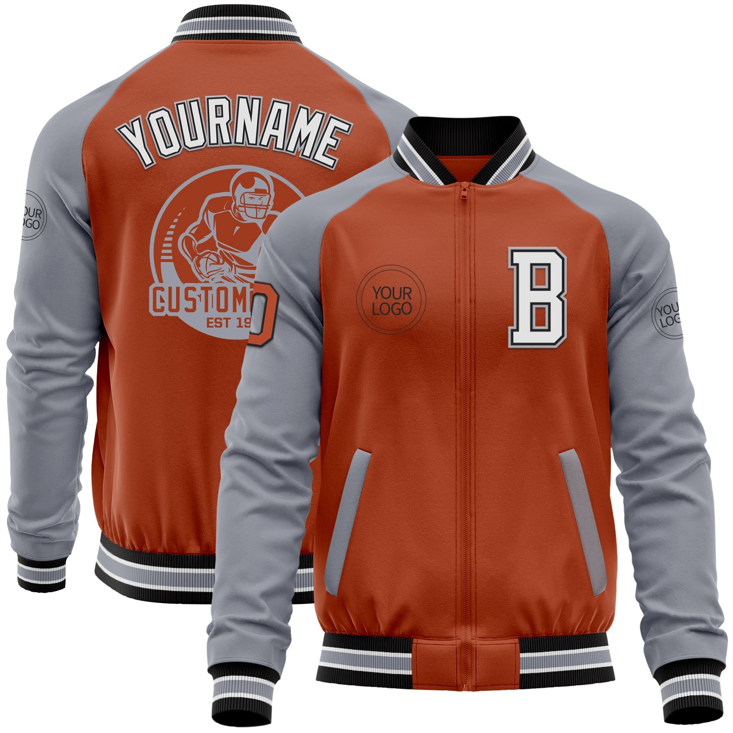 Custom Texas Orange Black-Gray Bomber Varsity Letterman Two Tone Zipper Jacket - Main View