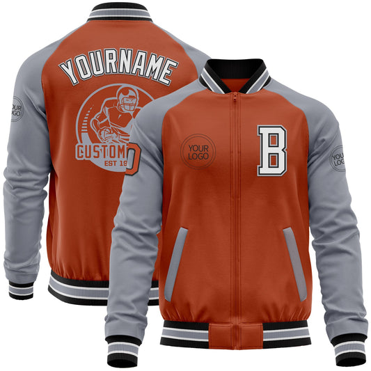 Custom Texas Orange Black-Gray Bomber Varsity Letterman Two Tone Zipper Jacket - Main View