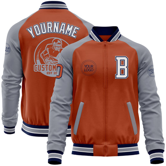 Custom Texas Orange Navy-Gray Bomber Varsity Letterman Two Tone Zipper Jacket - Main View