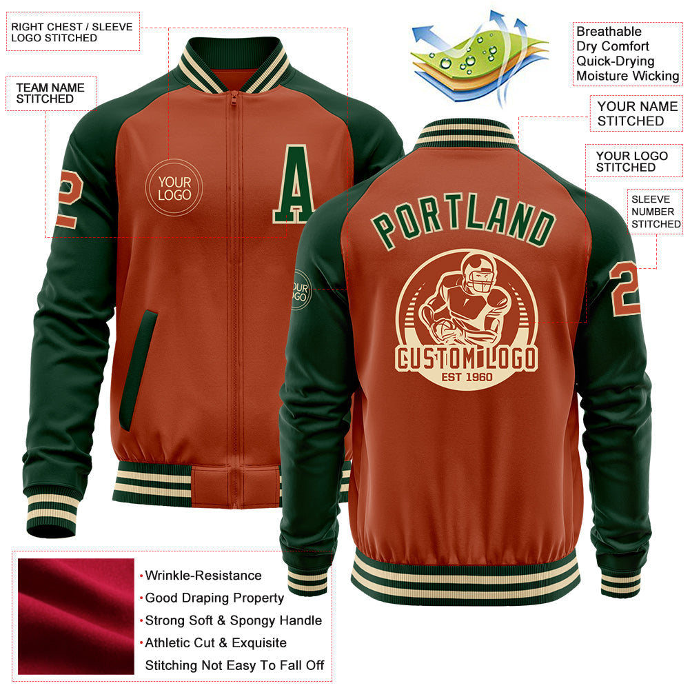 Custom Texas Orange Cream-Green Bomber Varsity Letterman Two Tone Zipper Jacket view 4