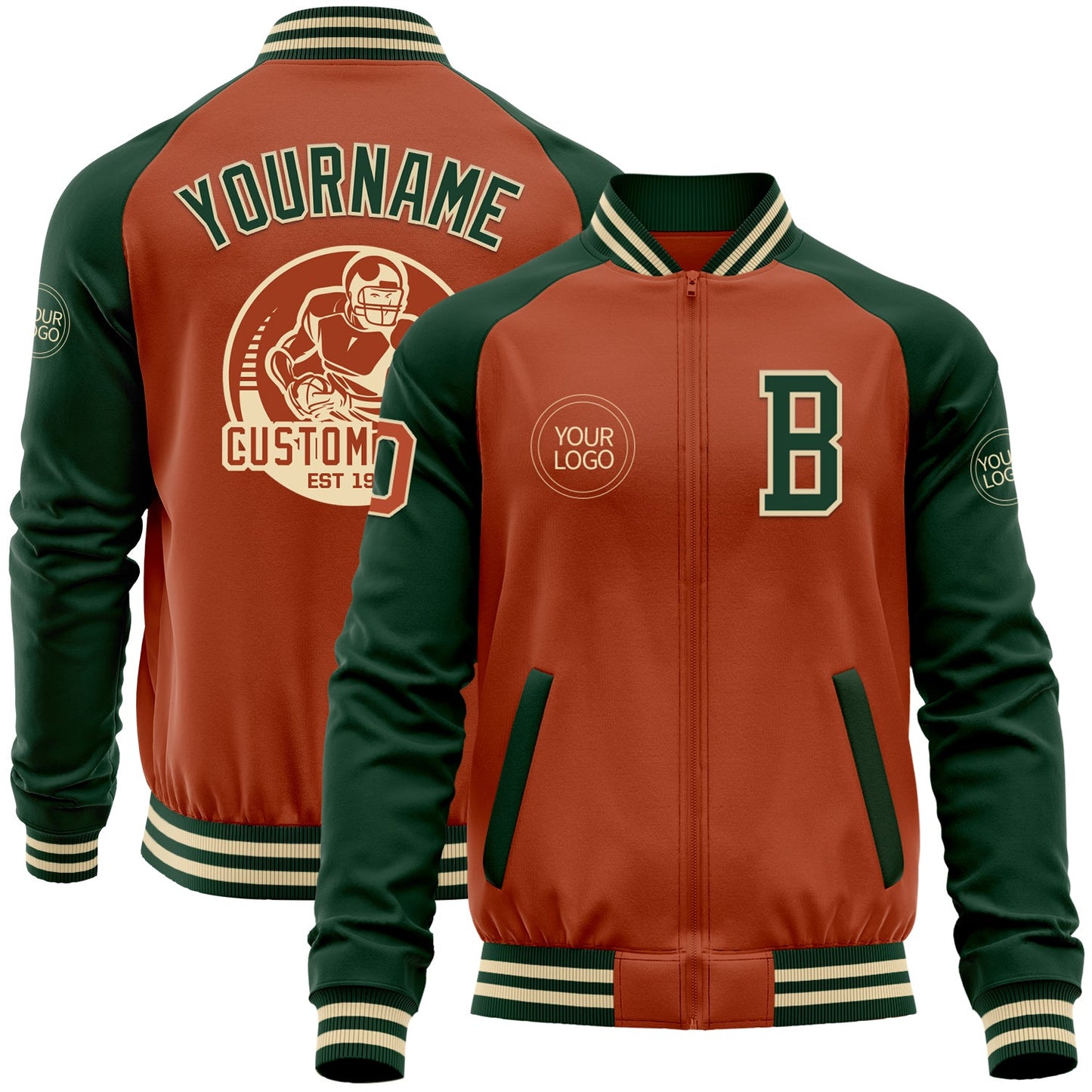 Custom Texas Orange Cream-Green Bomber Varsity Letterman Two Tone Zipper Jacket - Main View