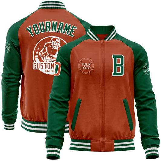Custom Texas Orange White-Kelly Green Bomber Varsity Letterman Two Tone Zipper Jacket - Main View