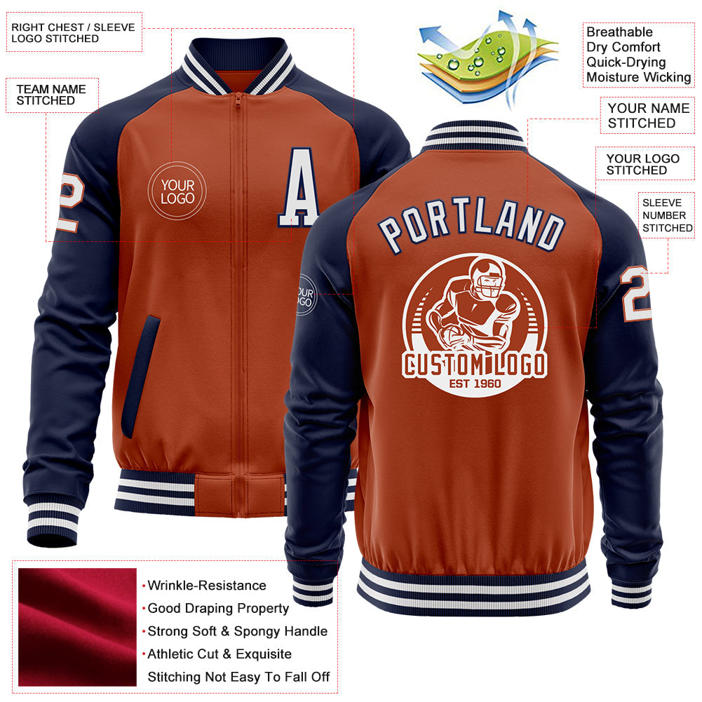 Custom Texas Orange White-Navy Bomber Varsity Letterman Two Tone Zipper Jacket view 4