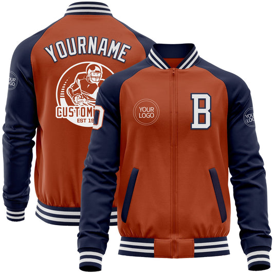 Custom Texas Orange White-Navy Bomber Varsity Letterman Two Tone Zipper Jacket - Main View