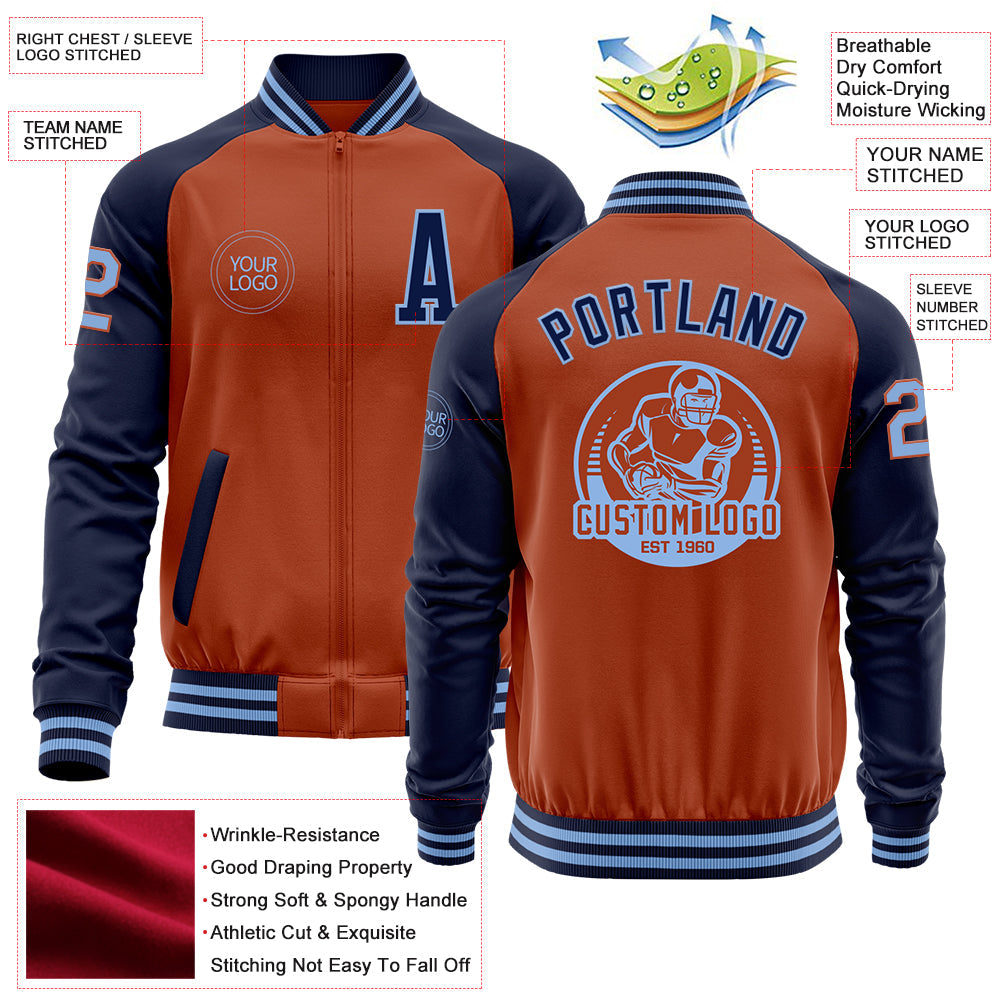 Custom Texas Orange Light Blue-Navy Bomber Varsity Letterman Two Tone Zipper Jacket view 4