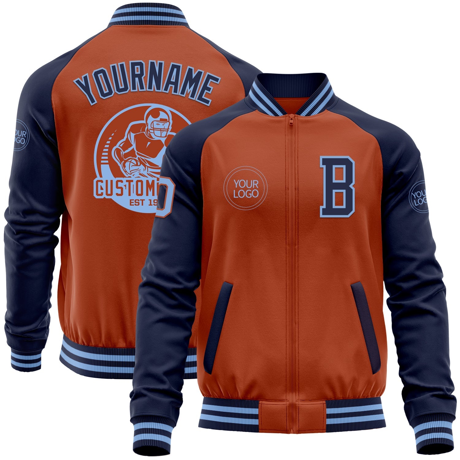 Custom Texas Orange Light Blue-Navy Bomber Varsity Letterman Two Tone Zipper Jacket - Main View