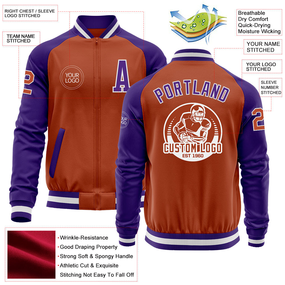 Custom Texas Orange White-Purple Bomber Varsity Letterman Two Tone Zipper Jacket view 4