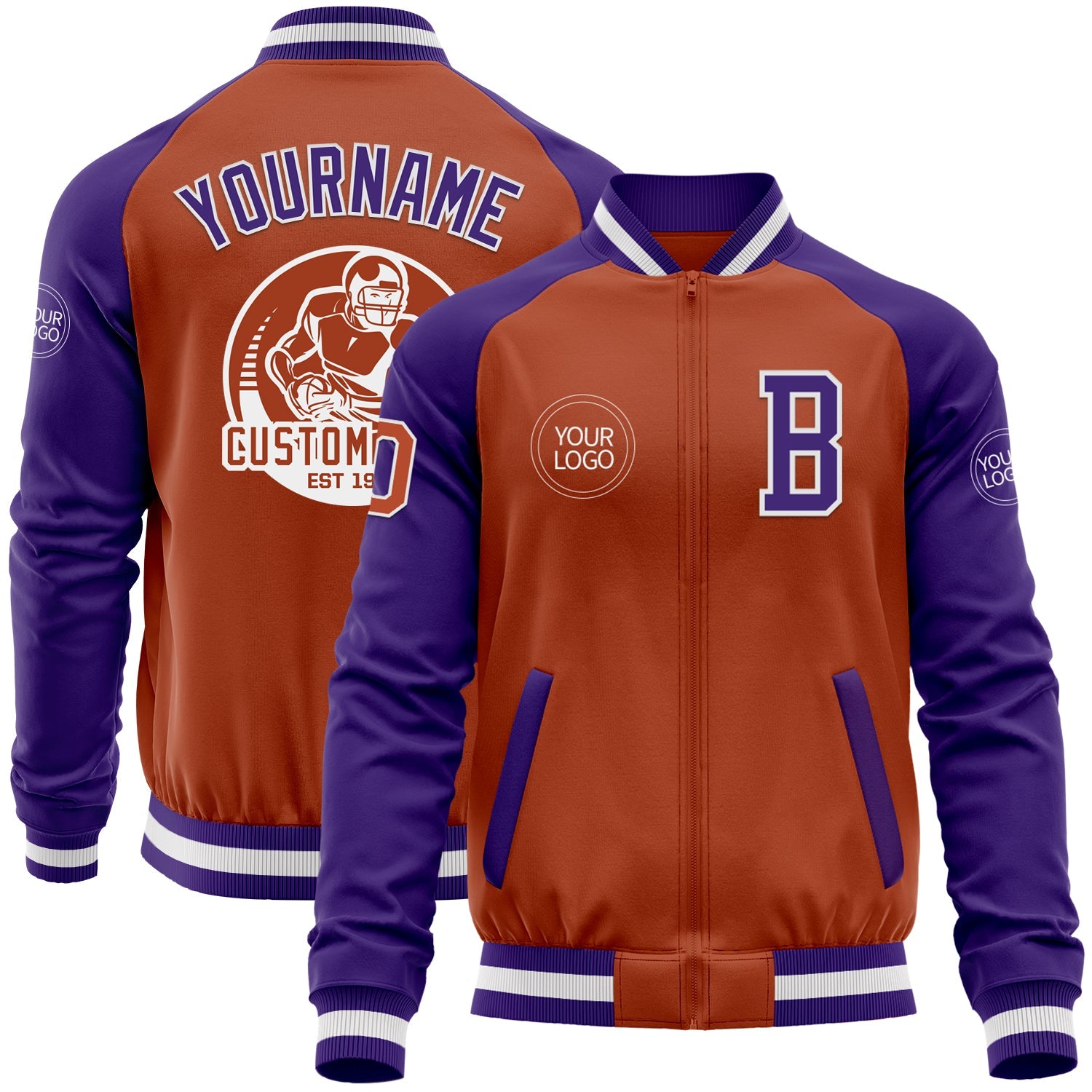 Custom Texas Orange White-Purple Bomber Varsity Letterman Two Tone Zipper Jacket - Main View