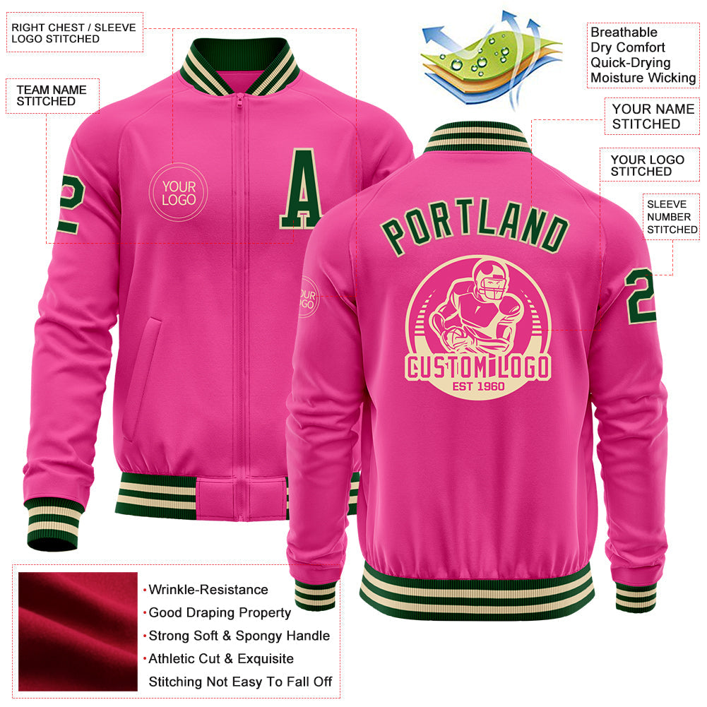 Custom Pink Green-Cream Bomber Varsity Letterman Zipper Jacket view 4