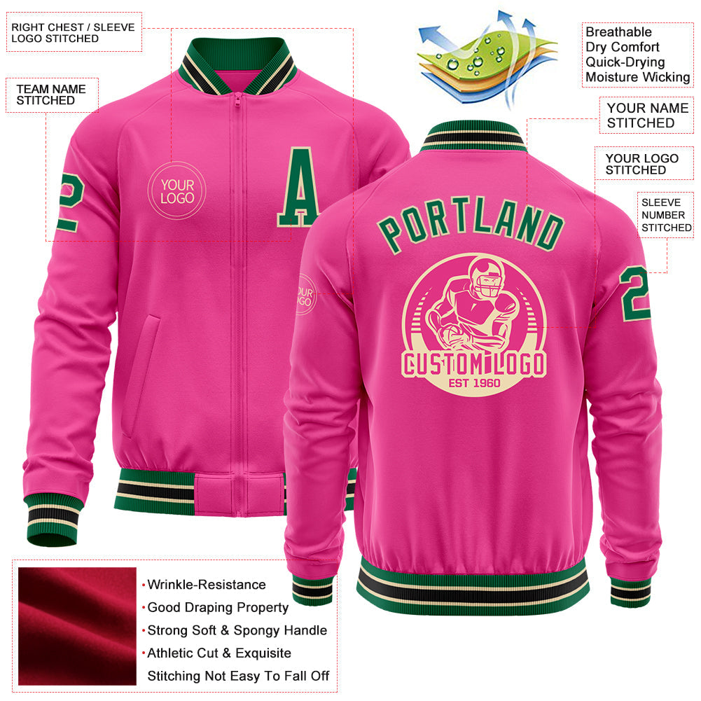 Custom Pink Kelly Green Cream-Black Bomber Varsity Letterman Zipper Jacket view 4