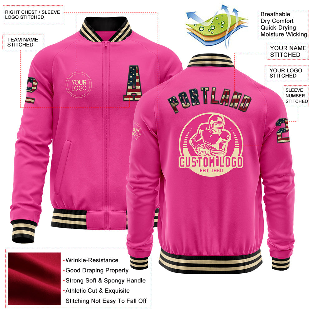 Custom Pink Vintage USA Flag Black-Cream Bomber Varsity Letterman Zipper Jacket view 4
