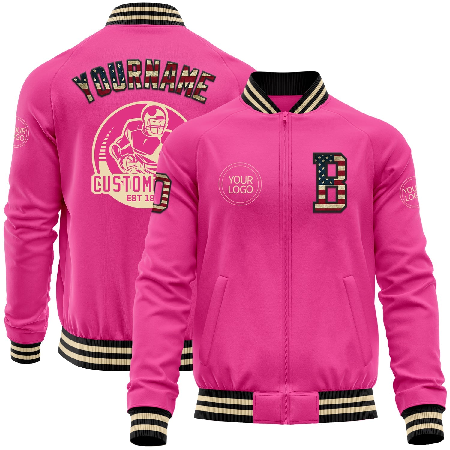 Custom Pink Vintage USA Flag Black-Cream Bomber Varsity Letterman Zipper Jacket - Main View