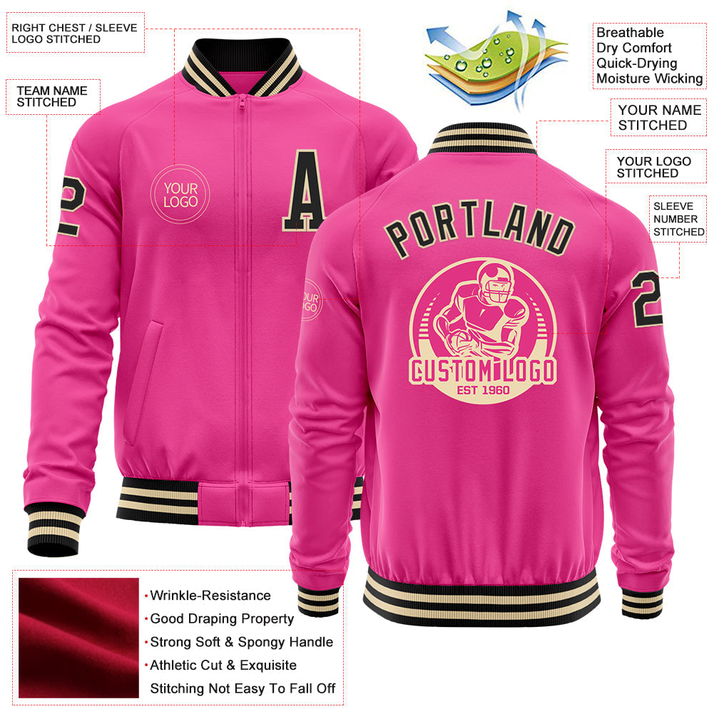 Custom Pink Black-Cream Bomber Varsity Letterman Zipper Jacket view 4