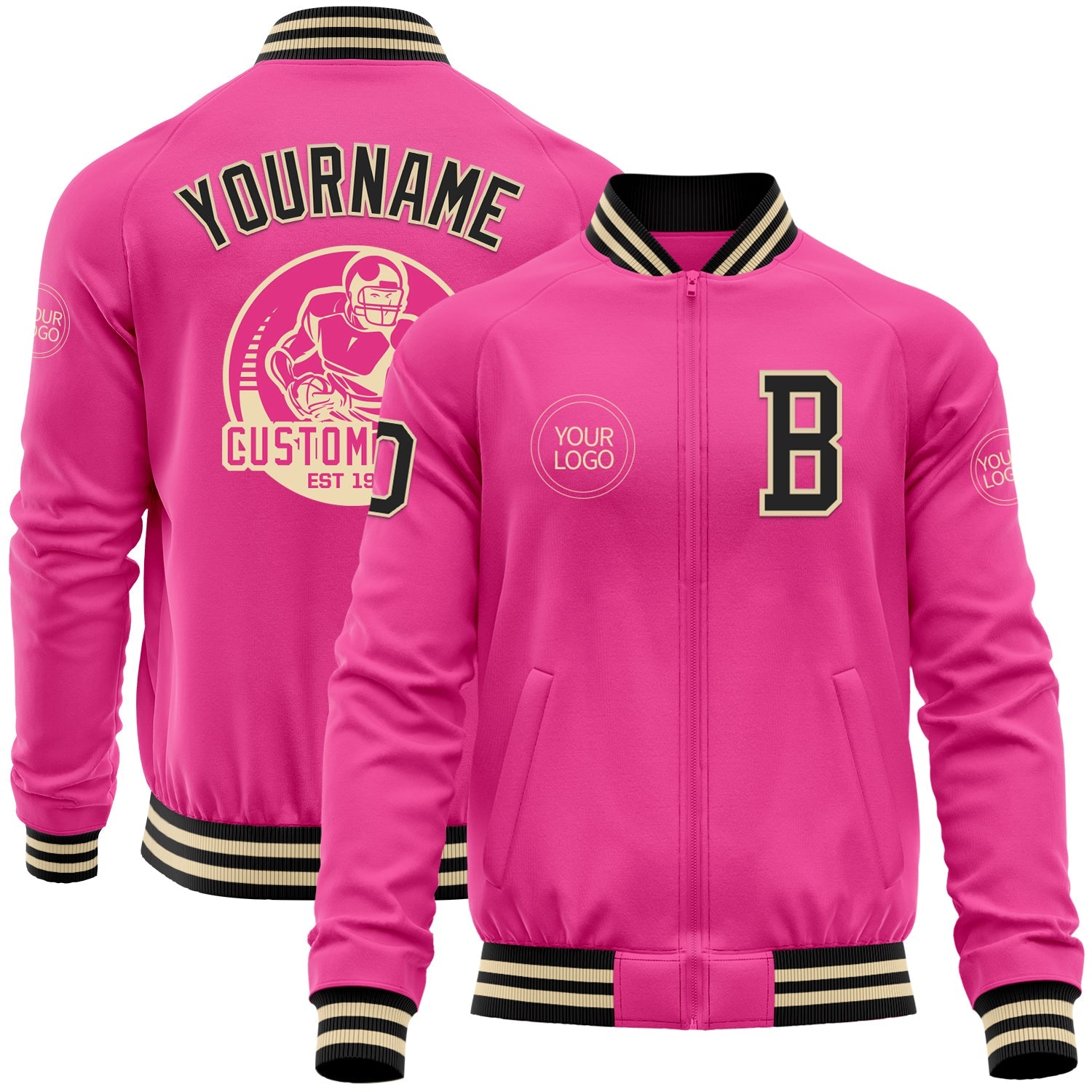 Custom Pink Black-Cream Bomber Varsity Letterman Zipper Jacket - Main View